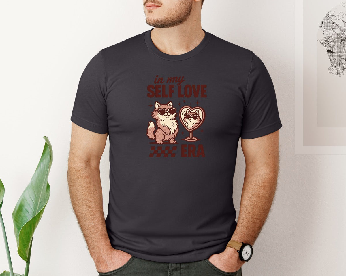 brand:Bella Canvas|color:Heather Dark Grey|In My Self Love Era Funny Cat Valentine Graphic T-Shirt