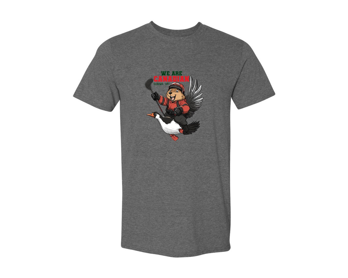 brand:Generic|color:Heather Dark Grey|We Are Canada Elbows Up Graphic T-Shirt