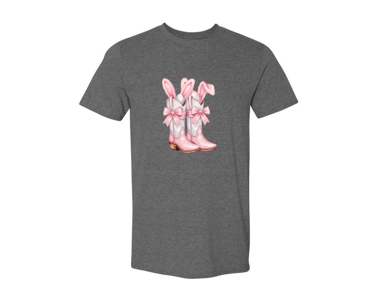 brand:Generic|color:Heather Dark Grey|Howdy Western Easter Bunny Cowboy Boots Graphic T-Shirt