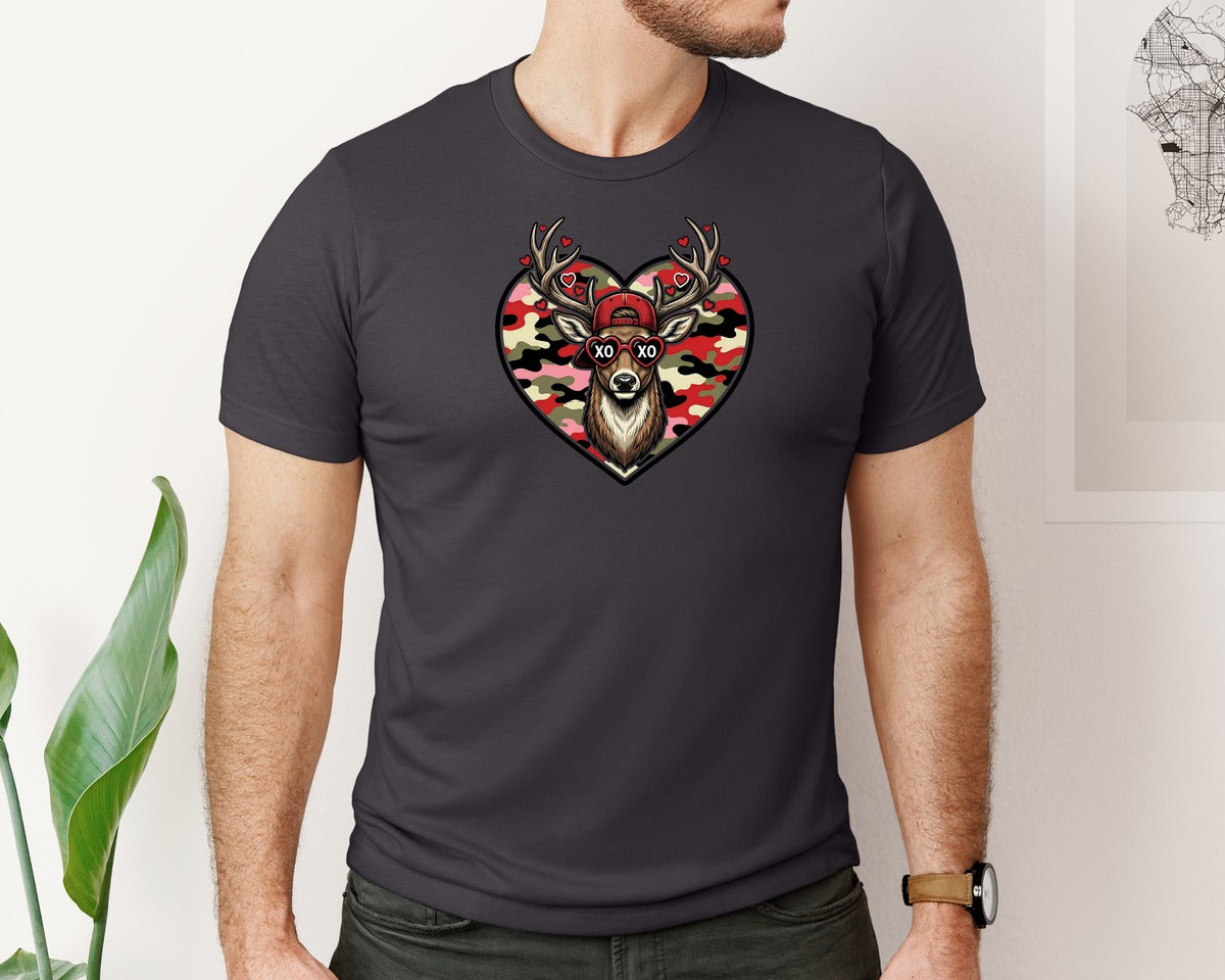 brand:Bella Canvas|color:Heather Dark Grey|Hunting Valentines Day Deer Graphic T-Shirt