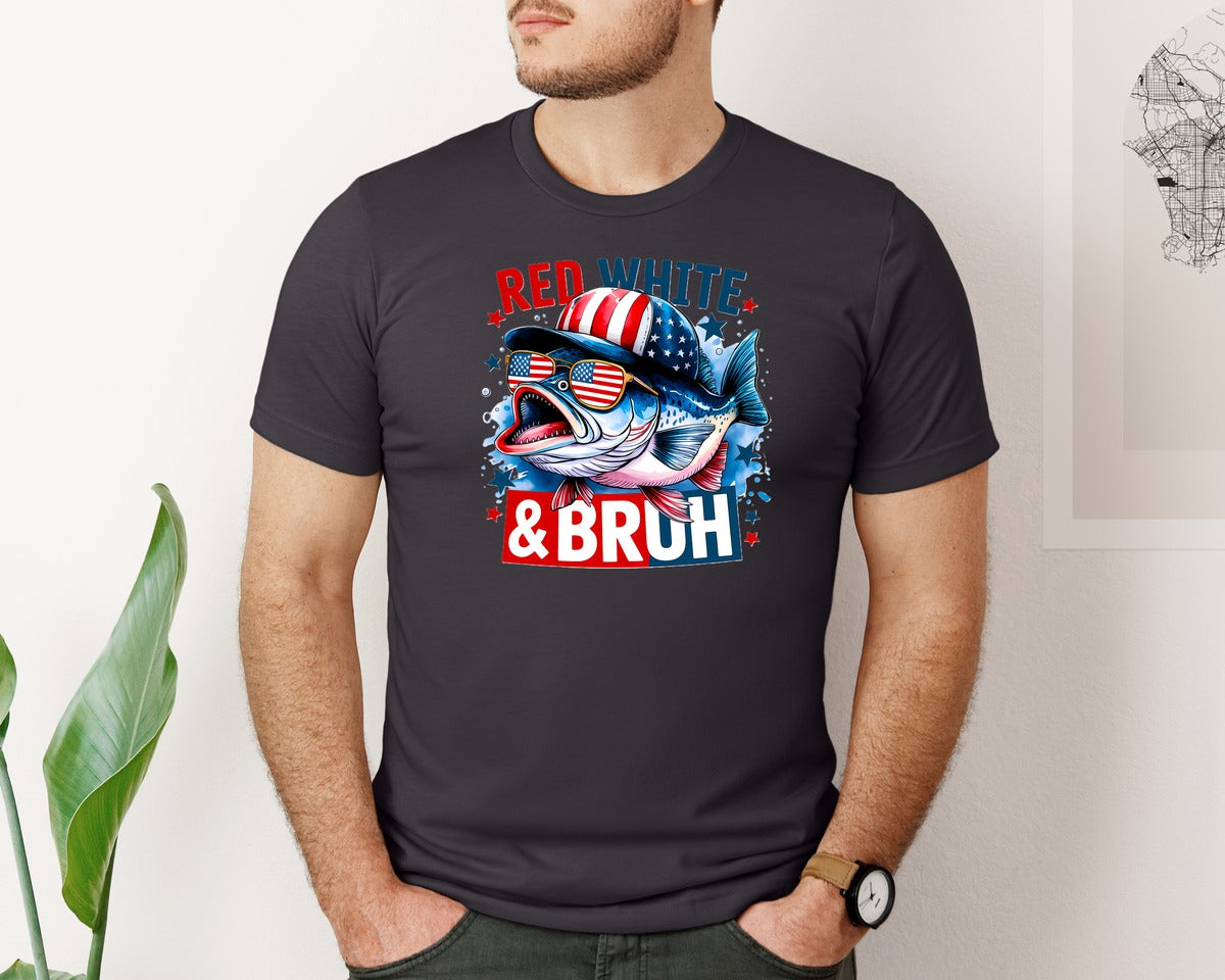 brand:Bella Canvas|color:Heather Dark Grey|4Th Of July Fishing Red White Bruh 2 Graphic T-Shirt