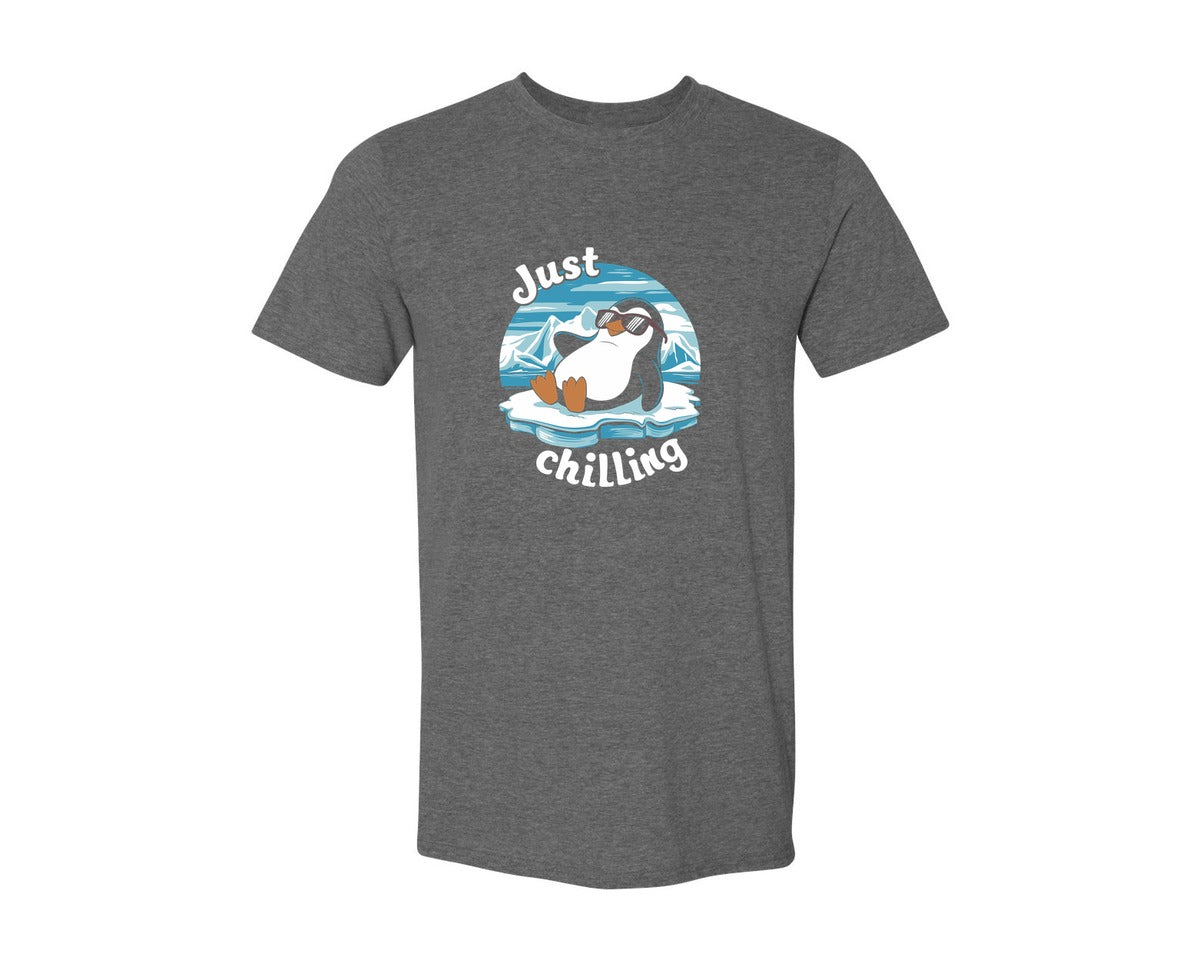brand:Generic|color:Heather Dark Grey|Just Chilling Penguin Pun Relaxed Vibes Graphic T-Shirt