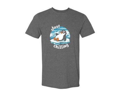 brand:Generic|color:Heather Dark Grey|Just Chilling Penguin Pun Relaxed Vibes Graphic T-Shirt