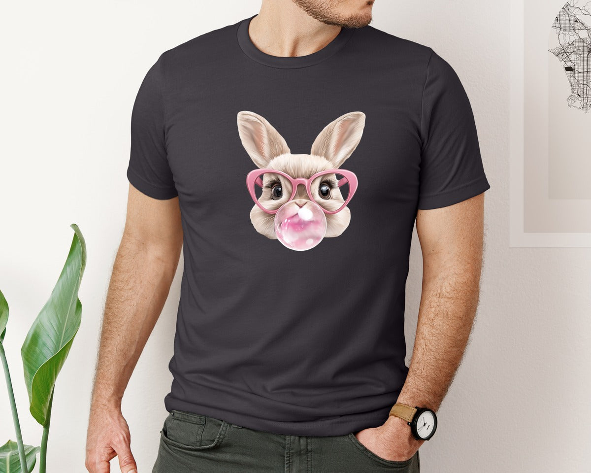brand:Bella Canvas|color:Heather Dark Grey|Easter Bunny Coquette Bunny Blowing 3 Graphic T-Shirt