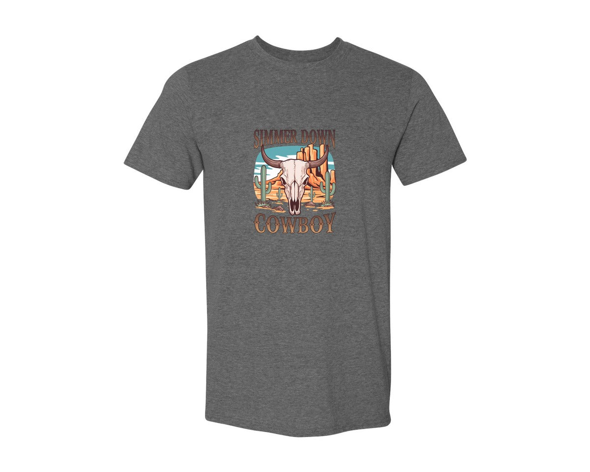 brand:Generic|color:Heather Dark Grey|Simmer Down Cowboy Western Skull 2 Graphic T-Shirt