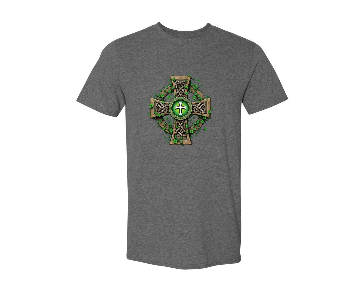 brand:Generic|color:Heather Dark Grey|Celtic Cross With Shamrocks Irish Graphic T-Shirt