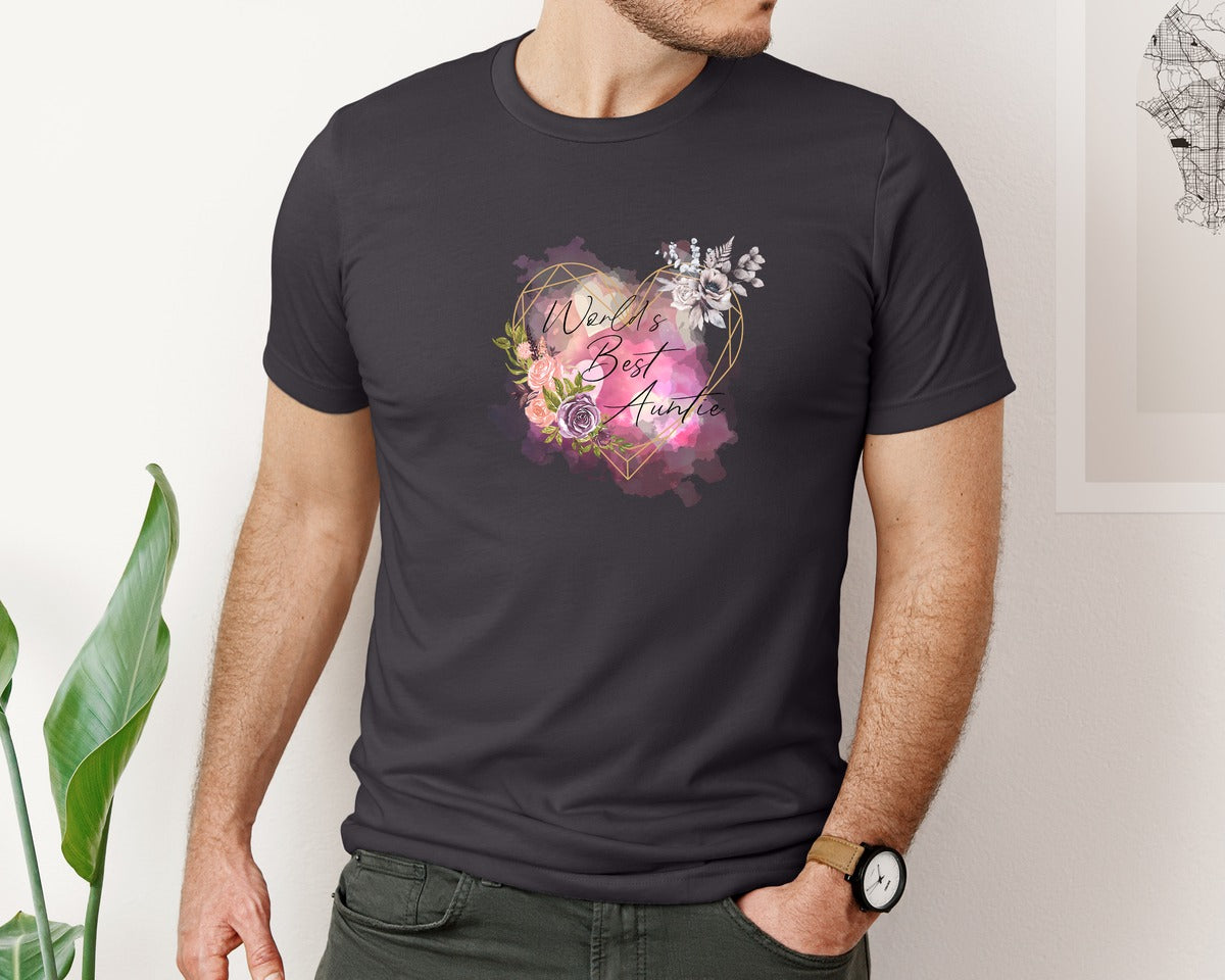 brand:Bella Canvas|color:Heather Dark Grey|Worlds Best Auntie Heart Graphic T-Shirt