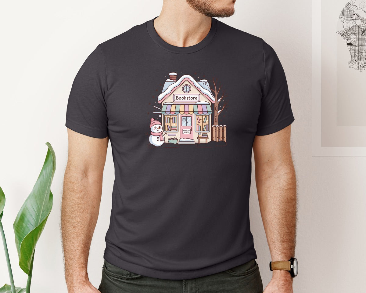 brand:Bella Canvas|color:Heather Dark Grey|Bookstore Winter Cozy Reading Shop Graphic T-Shirt