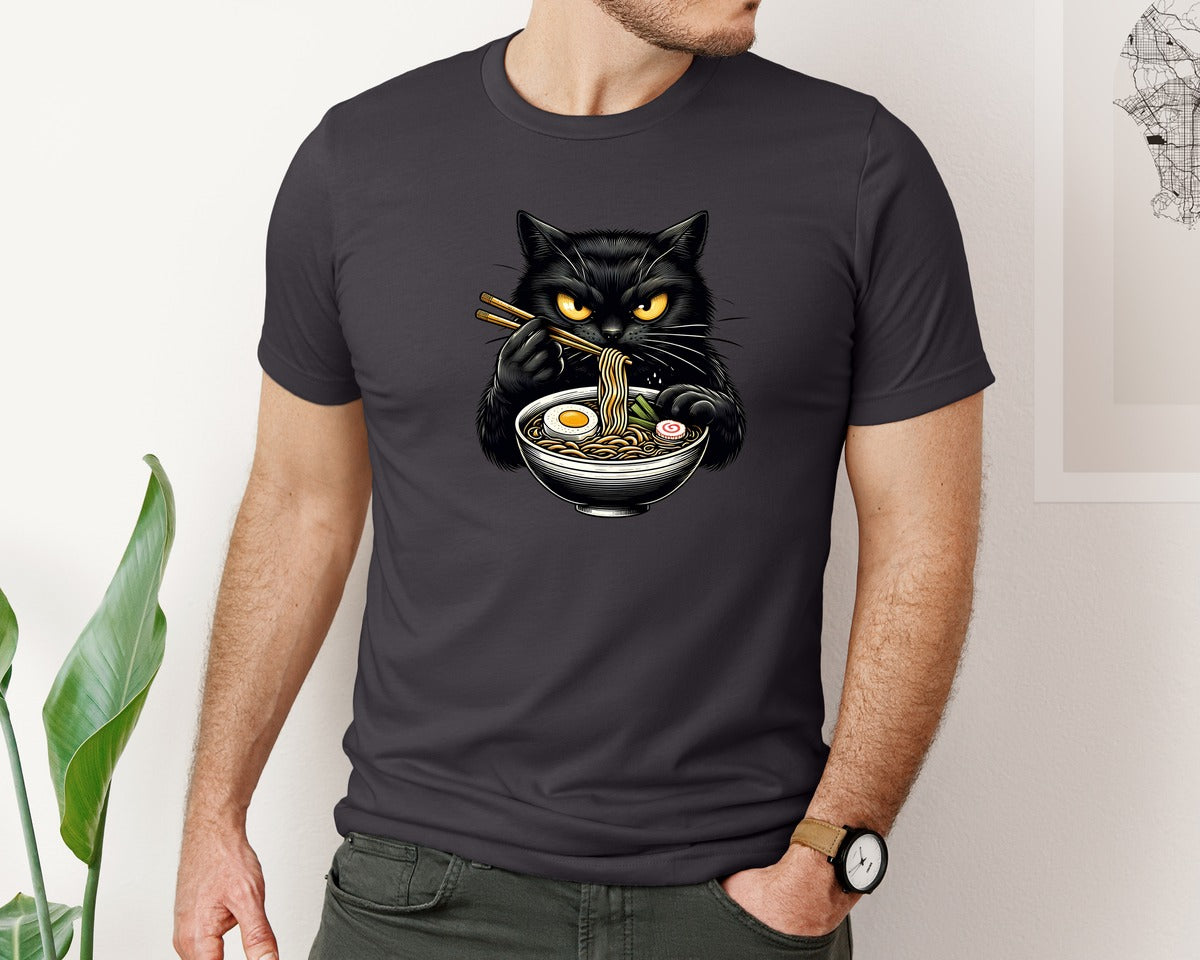 brand:Bella Canvas|color:Heather Dark Grey|Cute Black Cat Eating Ramen Noodle 3 Graphic T-Shirt