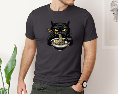 brand:Bella Canvas|color:Heather Dark Grey|Cute Black Cat Eating Ramen Noodle 3 Graphic T-Shirt