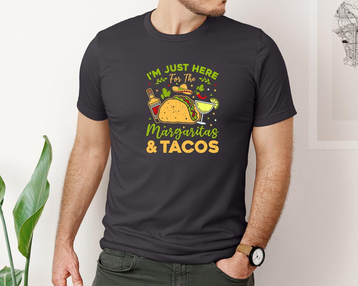brand:Bella Canvas|color:Heather Dark Grey|Just Here For The Margaritas And Tacos Graphic T-Shirt