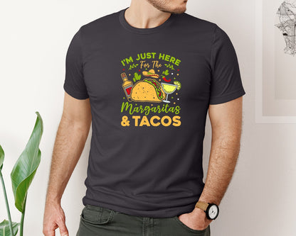 brand:Bella Canvas|color:Heather Dark Grey|Just Here For The Margaritas And Tacos Graphic T-Shirt