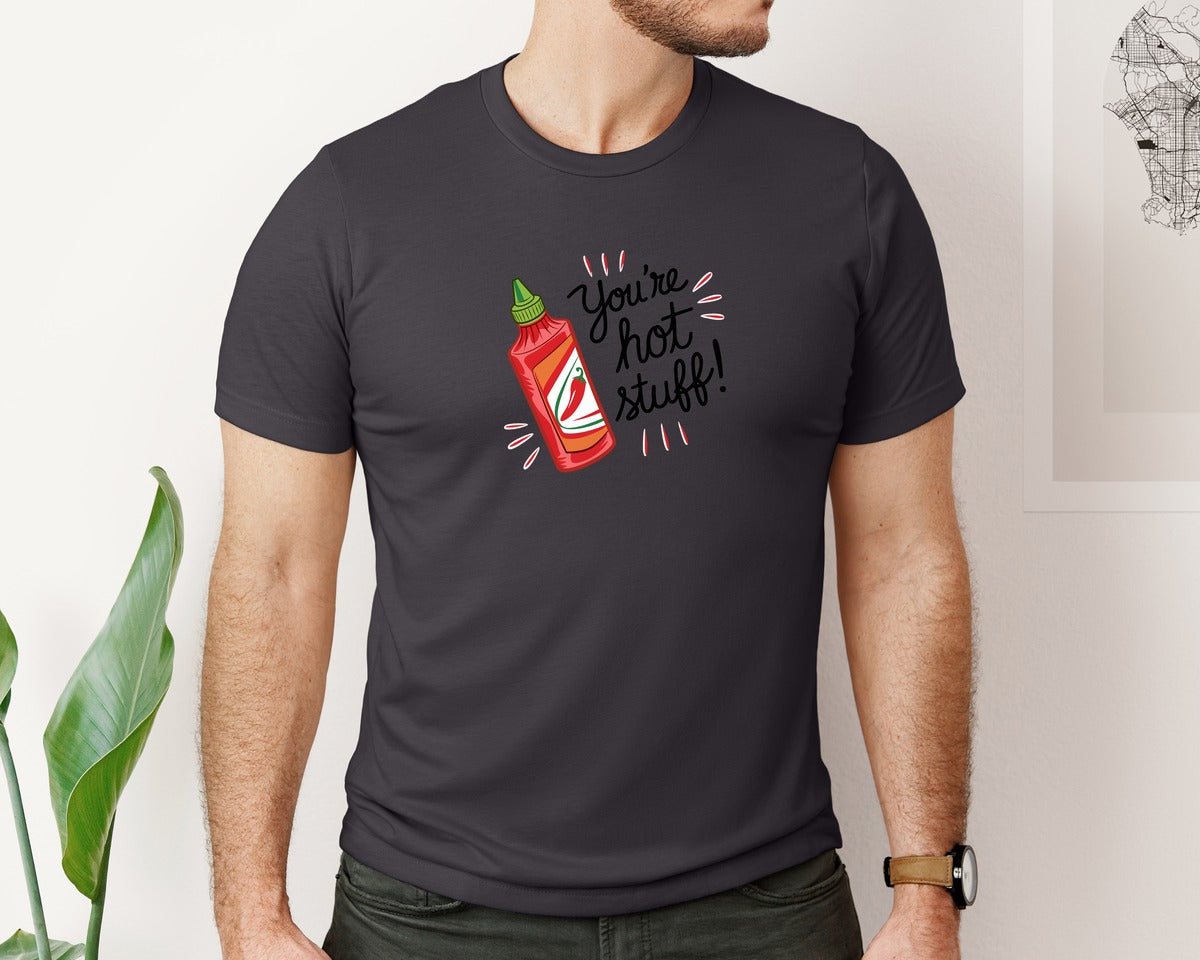 brand:Bella Canvas|color:Heather Dark Grey|Hot Stuff Hot Sauce Valentines Day Graphic T-Shirt