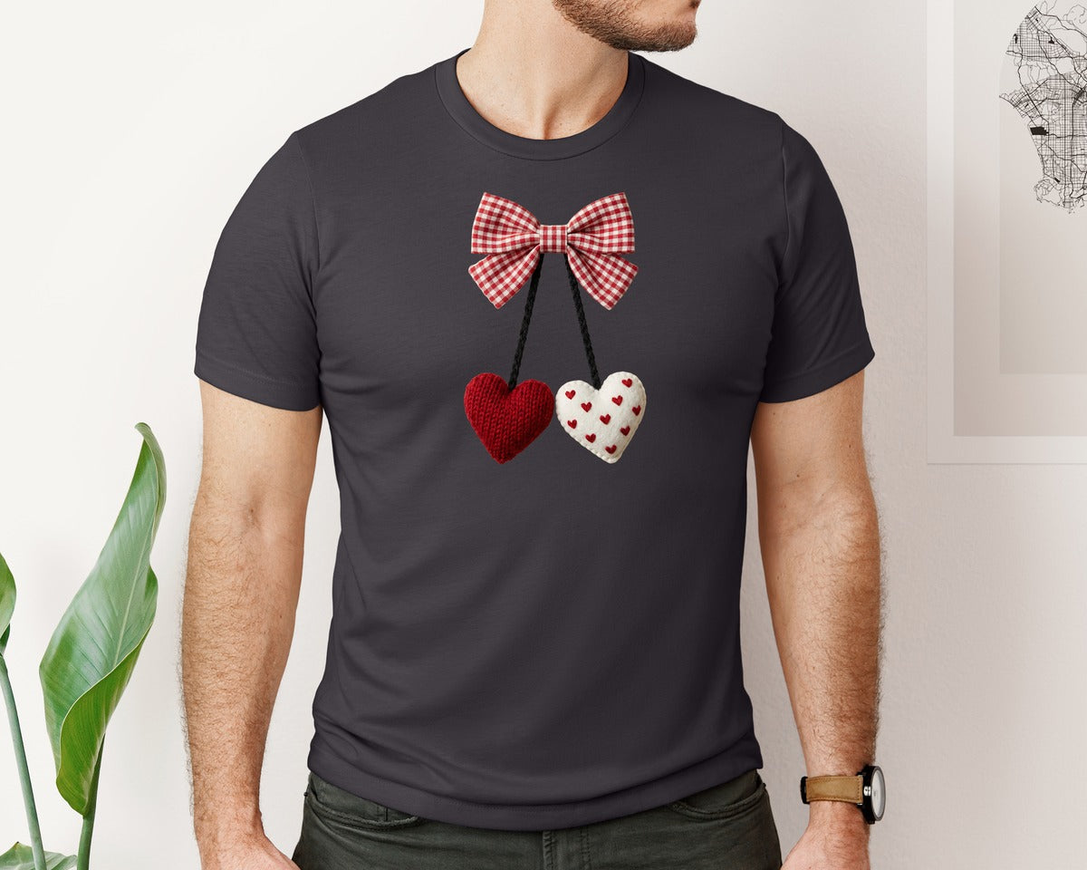 brand:Bella Canvas|color:Heather Dark Grey|Crochet Cherry Heart Valentine Graphic T-Shirt
