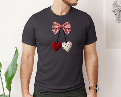 brand:Bella Canvas|color:Heather Dark Grey|Crochet Cherry Heart Valentine Graphic T-Shirt