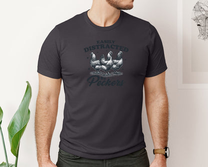 brand:Bella Canvas|color:Heather Dark Grey|Funny Easily Distracted By Peckers Shirt Graphic T-Shirt