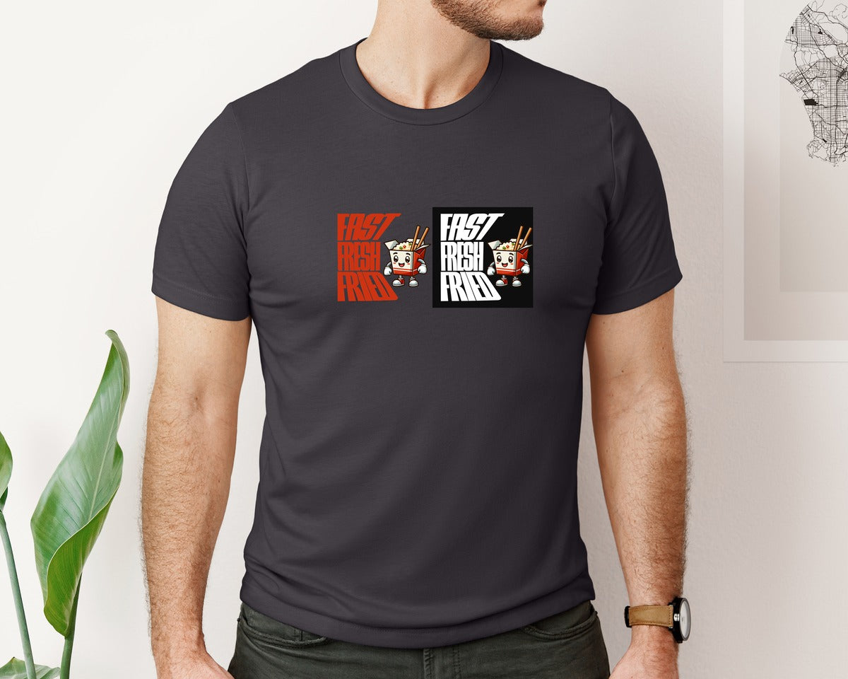 brand:Bella Canvas|color:Heather Dark Grey|Fast Fresh Fried Food Mascot Graphic T-Shirt