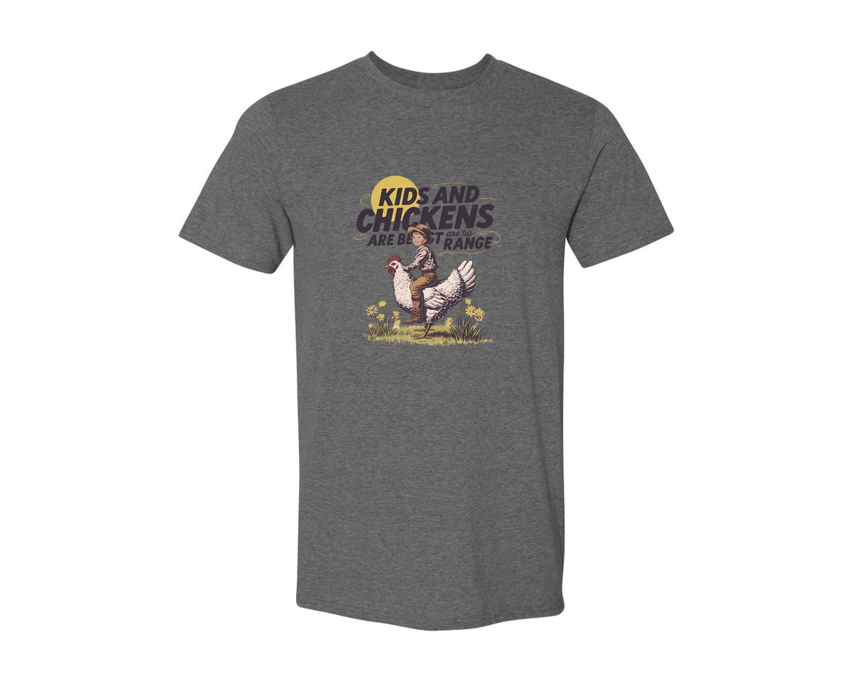 brand:Generic|color:Heather Dark Grey|Kids And Chickens Vintage Farm Graphic T-Shirt