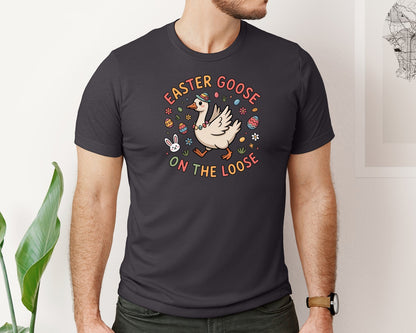 brand:Bella Canvas|color:Heather Dark Grey|Easter Cute Silly Bunny Goose Bow Graphic T-Shirt