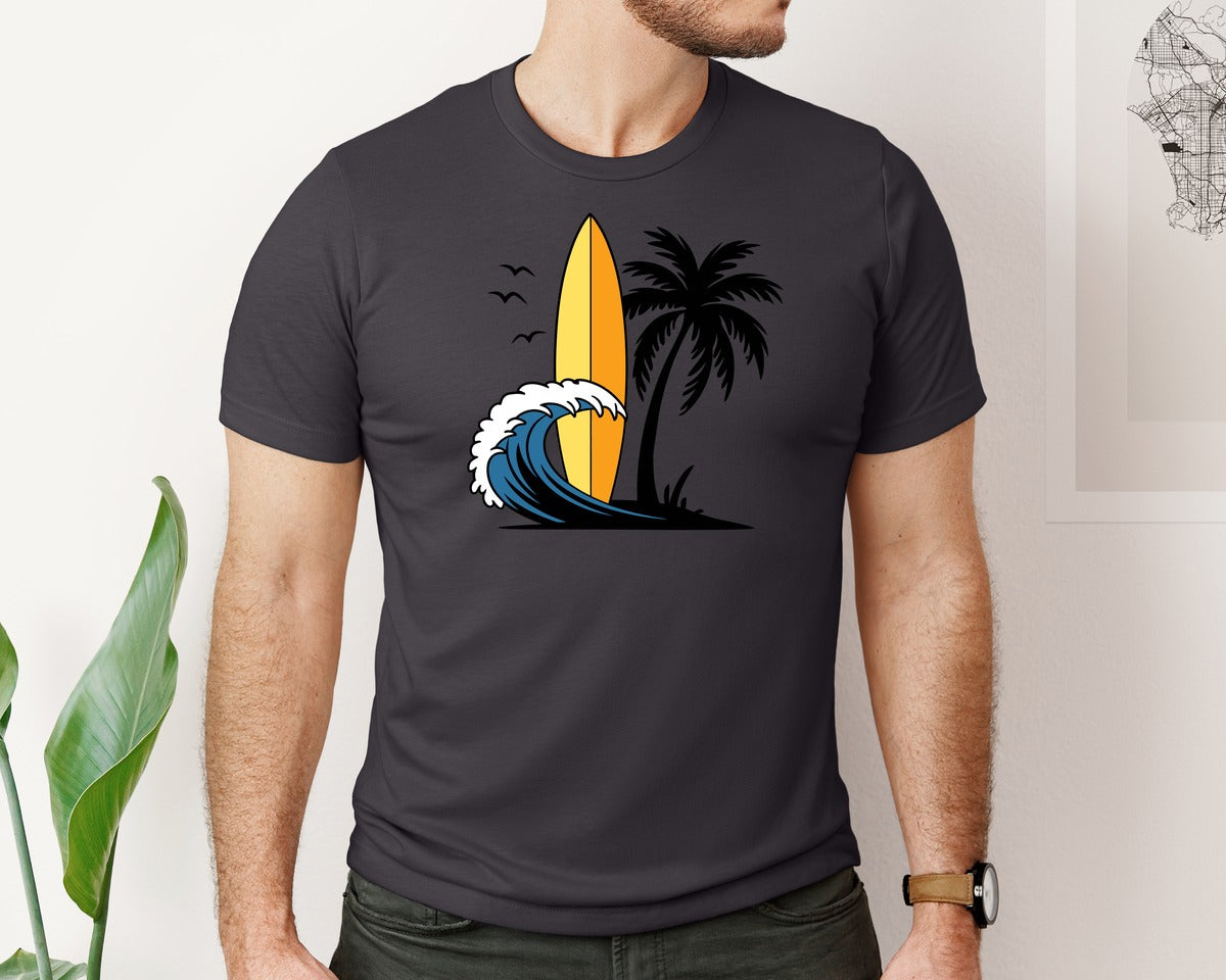brand:Bella Canvas|color:Heather Dark Grey|Surfboard With Ocean Wave And Palm Tree Graphic T-Shirt