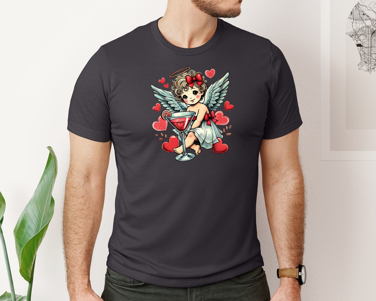brand:Bella Canvas|color:Heather Dark Grey|Retro Cupid Valentine Coquette Bow Graphic T-Shirt