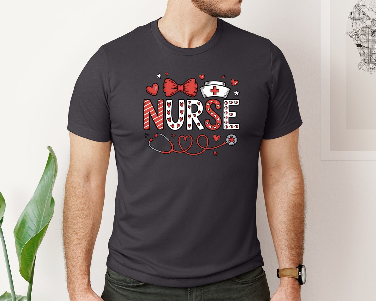 brand:Bella Canvas|color:Heather Dark Grey|Valentine Nurse Valentines Day 10 Graphic T-Shirt