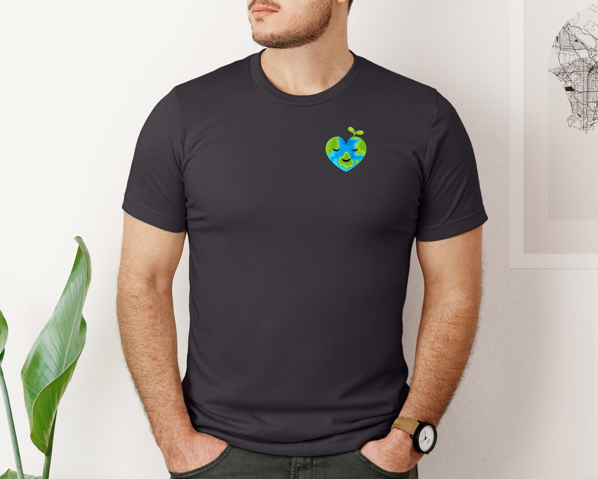 brand:Bella Canvas|color:Heather Dark Grey|Love Heart Earth Globe Pocket Design Graphic T-Shirt
