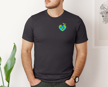 brand:Bella Canvas|color:Heather Dark Grey|Love Heart Earth Globe Pocket Design Graphic T-Shirt