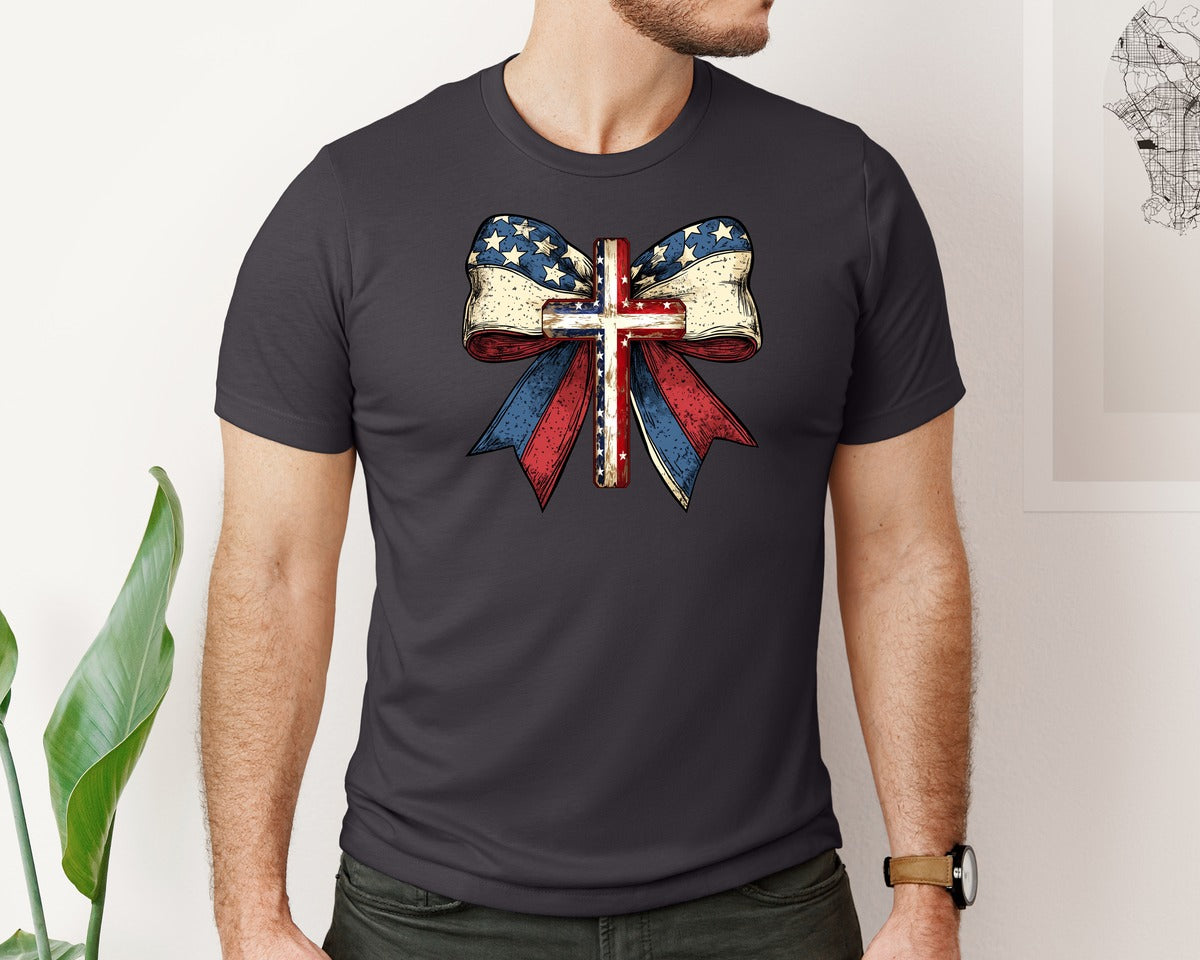 brand:Bella Canvas|color:Heather Dark Grey|Christian Cross 4Th Of July Usa Bow Graphic T-Shirt