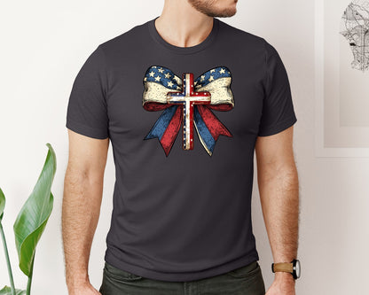 brand:Bella Canvas|color:Heather Dark Grey|Christian Cross 4Th Of July Usa Bow Graphic T-Shirt