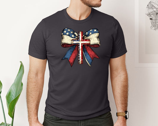 Christian Cross 4Th Of July Usa Bow Graphic T-Shirt