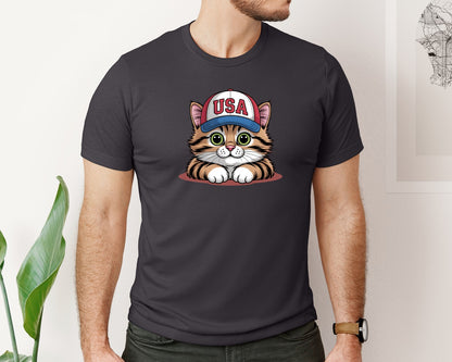 brand:Bella Canvas|color:Heather Dark Grey|Cute Patriotic Cat Usa Hat Graphic T-Shirt