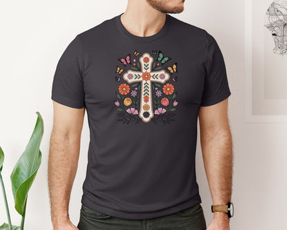 brand:Bella Canvas|color:Heather Dark Grey|Floral Faith Cross Graphic T-Shirt