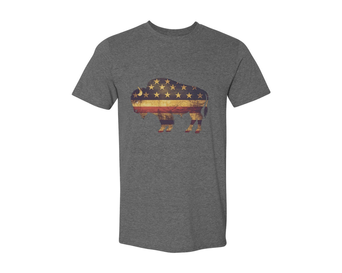 brand:Generic|color:Heather Dark Grey|American Bison Patriotic Usa Flag 4 Graphic T-Shirt