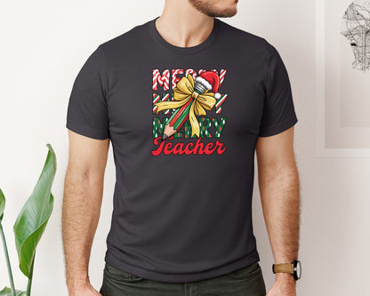 brand:Bella Canvas|color:Heather Dark Grey|Merry Teacher Christmas Pencil Tree 2 Graphic T-Shirt