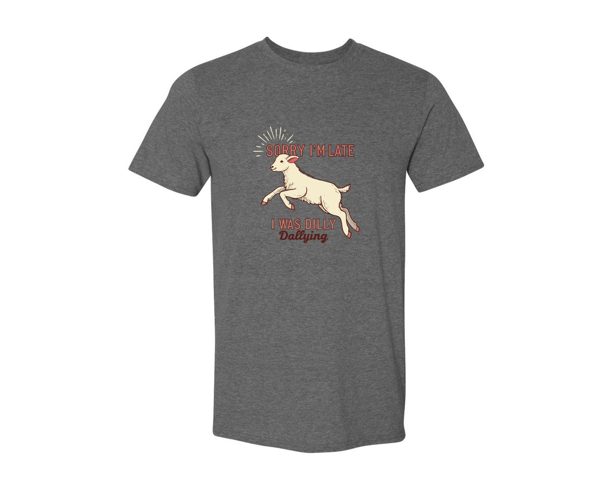 brand:Generic|color:Heather Dark Grey|Sorry Im Late Funny Goat Farm Graphic T-Shirt