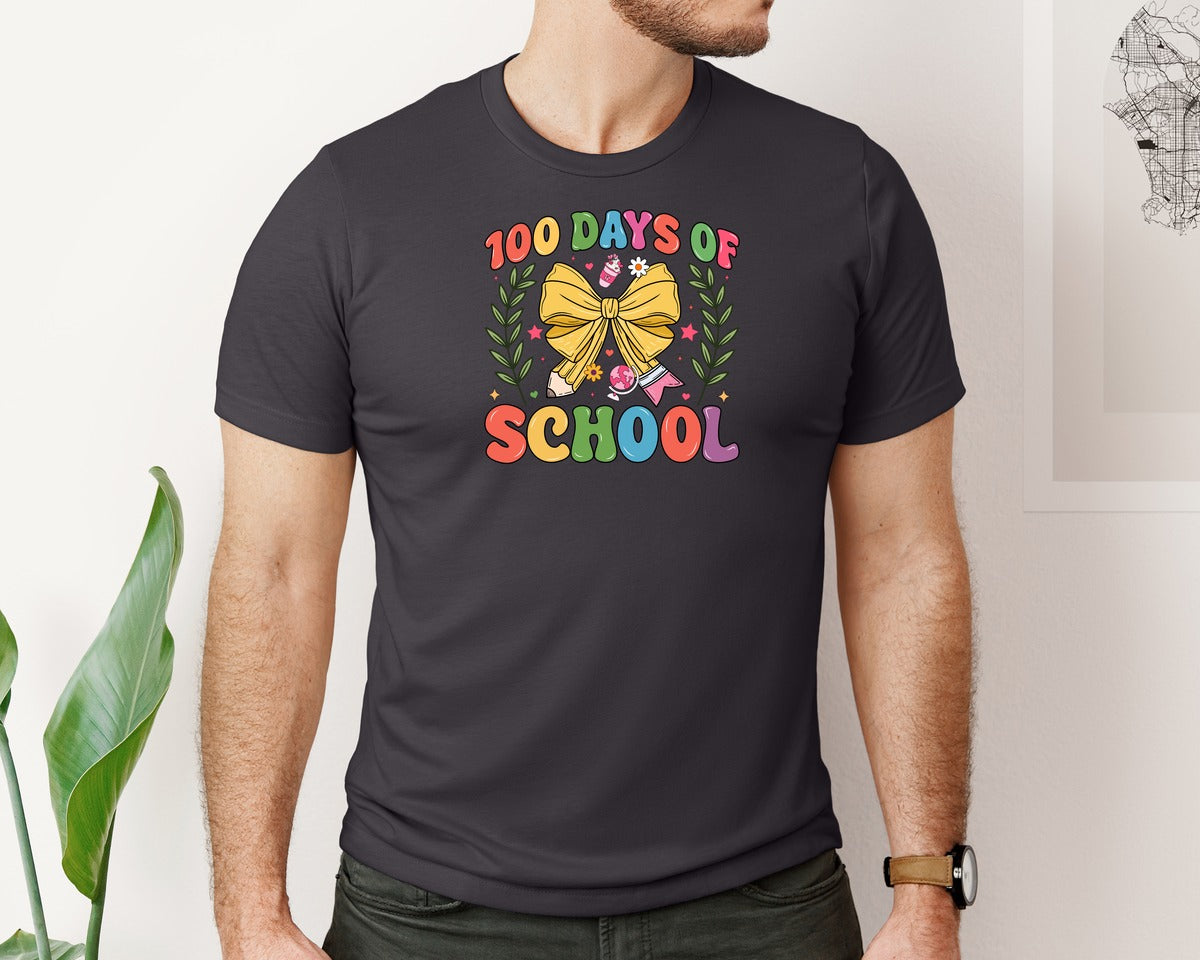 brand:Bella Canvas|color:Heather Dark Grey|100 Days Of School Coquette 38 Graphic T-Shirt