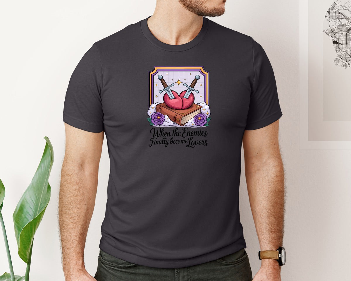 brand:Bella Canvas|color:Heather Dark Grey|Enemies Lovers Swords Book Heart Graphic T-Shirt
