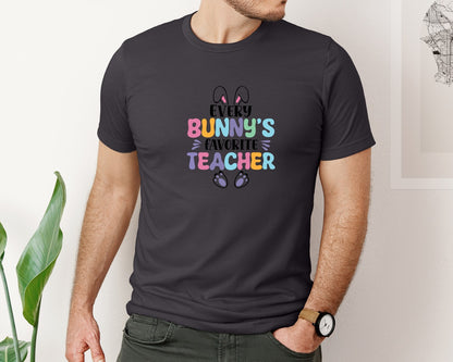 brand:Bella Canvas|color:Heather Dark Grey|Every Bunnys Favorite Teacher Easter 9 Graphic T-Shirt