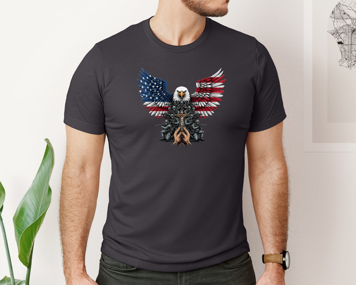 brand:Bella Canvas|color:Heather Dark Grey|Patriotic Eagle Soldier Cross Graphic T-Shirt