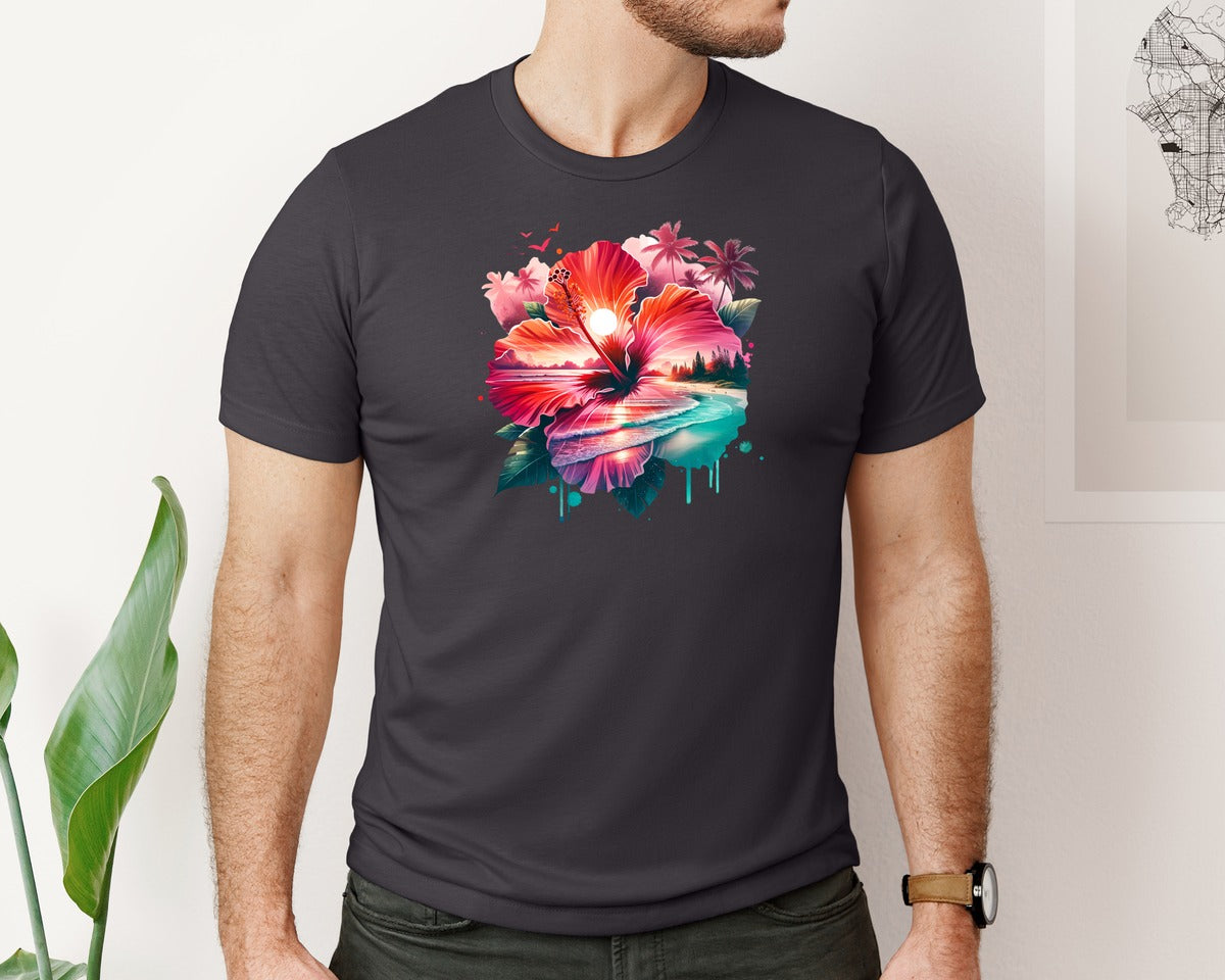 brand:Bella Canvas|color:Heather Dark Grey|Tropical Hibiscus Flower Ocean Beach Graphic T-Shirt