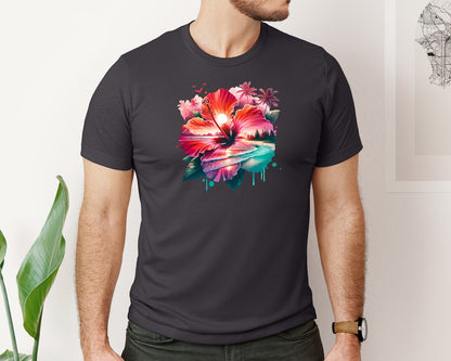 brand:Bella Canvas|color:Heather Dark Grey|Tropical Hibiscus Flower Ocean Beach Graphic T-Shirt