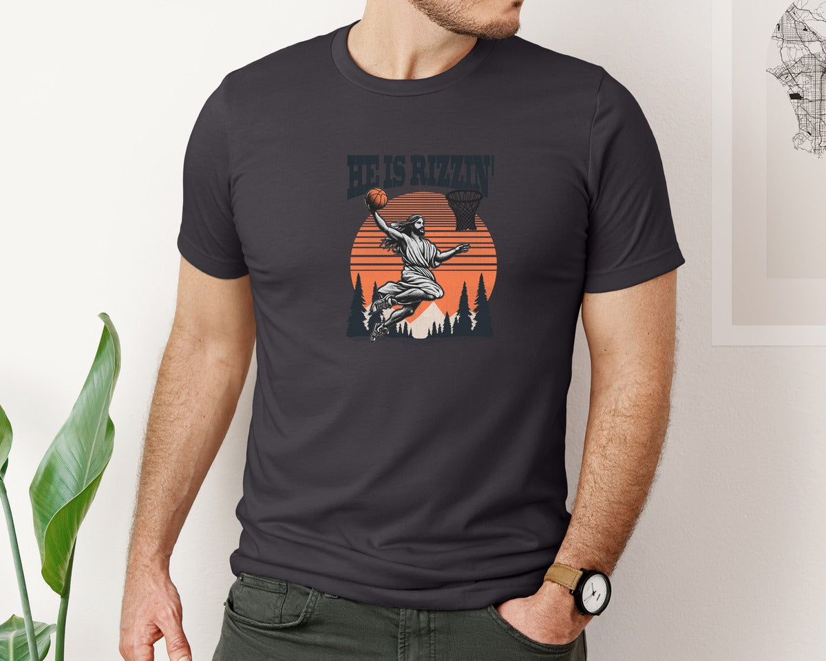 brand:Bella Canvas|color:Heather Dark Grey|Jesus Playing Basketball He Is Rizzin 2 Graphic T-Shirt
