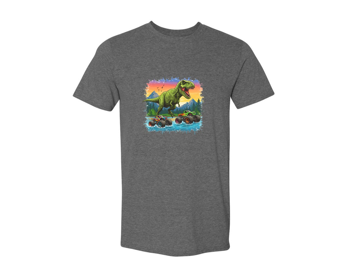 brand:Generic|color:Heather Dark Grey|Dinosaur Monster Truck T Rex Graphic T-Shirt