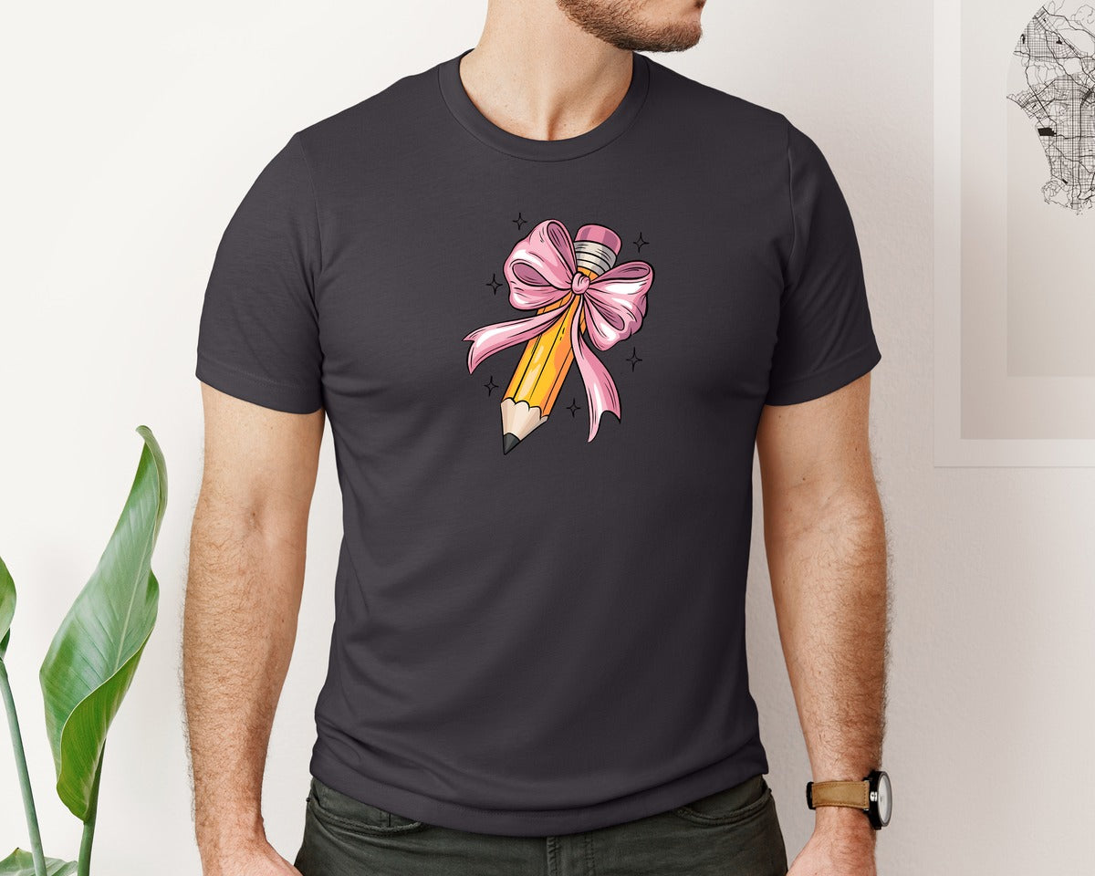 brand:Bella Canvas|color:Heather Dark Grey|Teacher Coquette Bow Pencil Bow Graphic T-Shirt