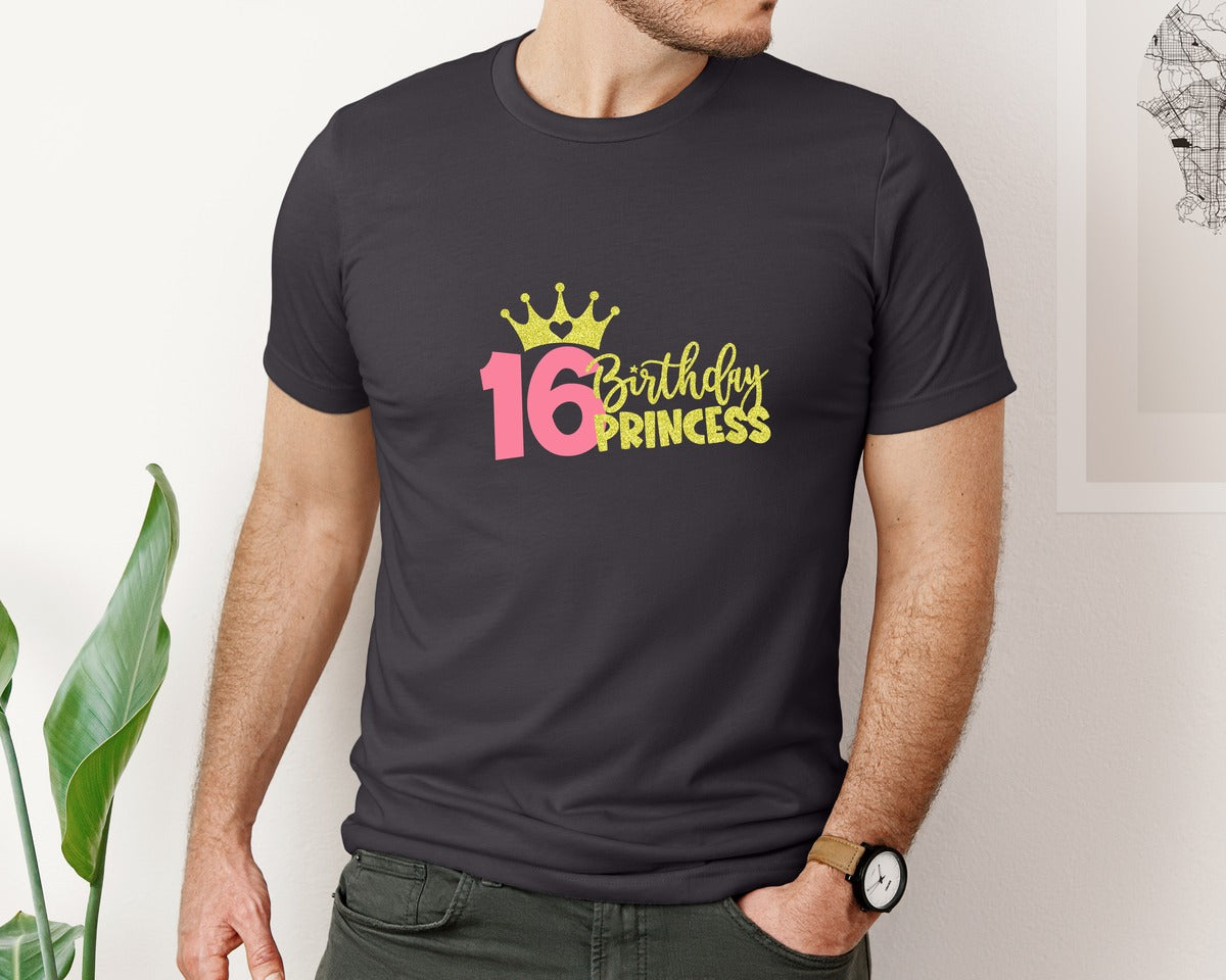 brand:Bella Canvas|color:Heather Dark Grey|Sixteenth Birthday Princess Graphic T-Shirt