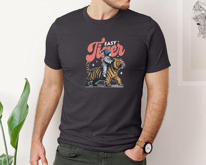 brand:Bella Canvas|color:Heather Dark Grey|Retro Little Girl Ride Tiger Shirt Graphic T-Shirt