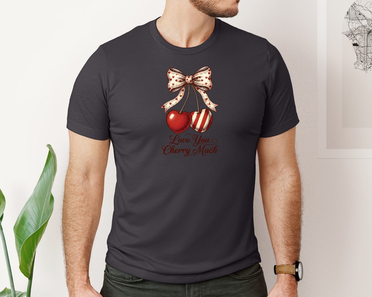 brand:Bella Canvas|color:Heather Dark Grey|Cherry Heart Coquette Bow Valentine Graphic T-Shirt