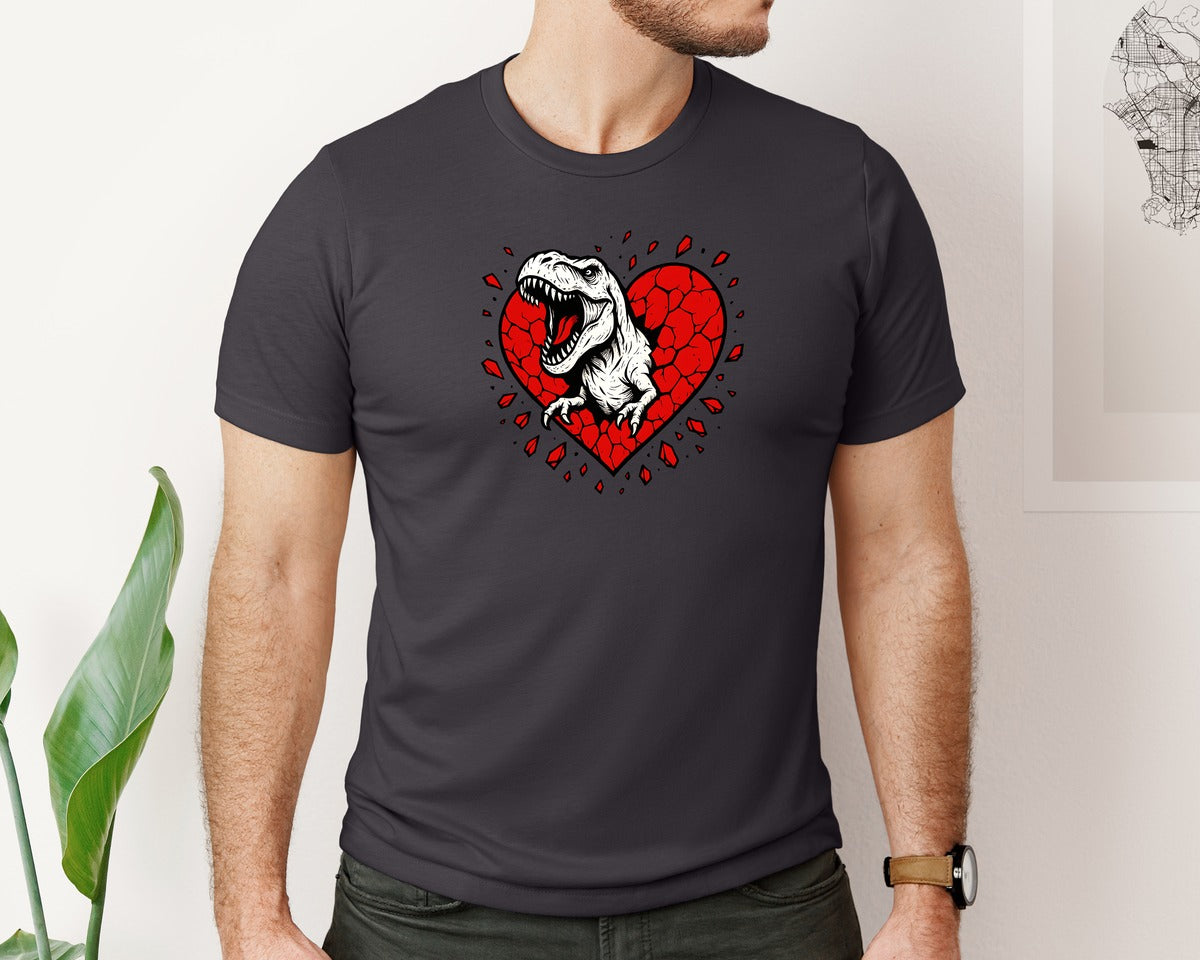 brand:Bella Canvas|color:Heather Dark Grey|Dinosaur Heart Love 2 Graphic T-Shirt