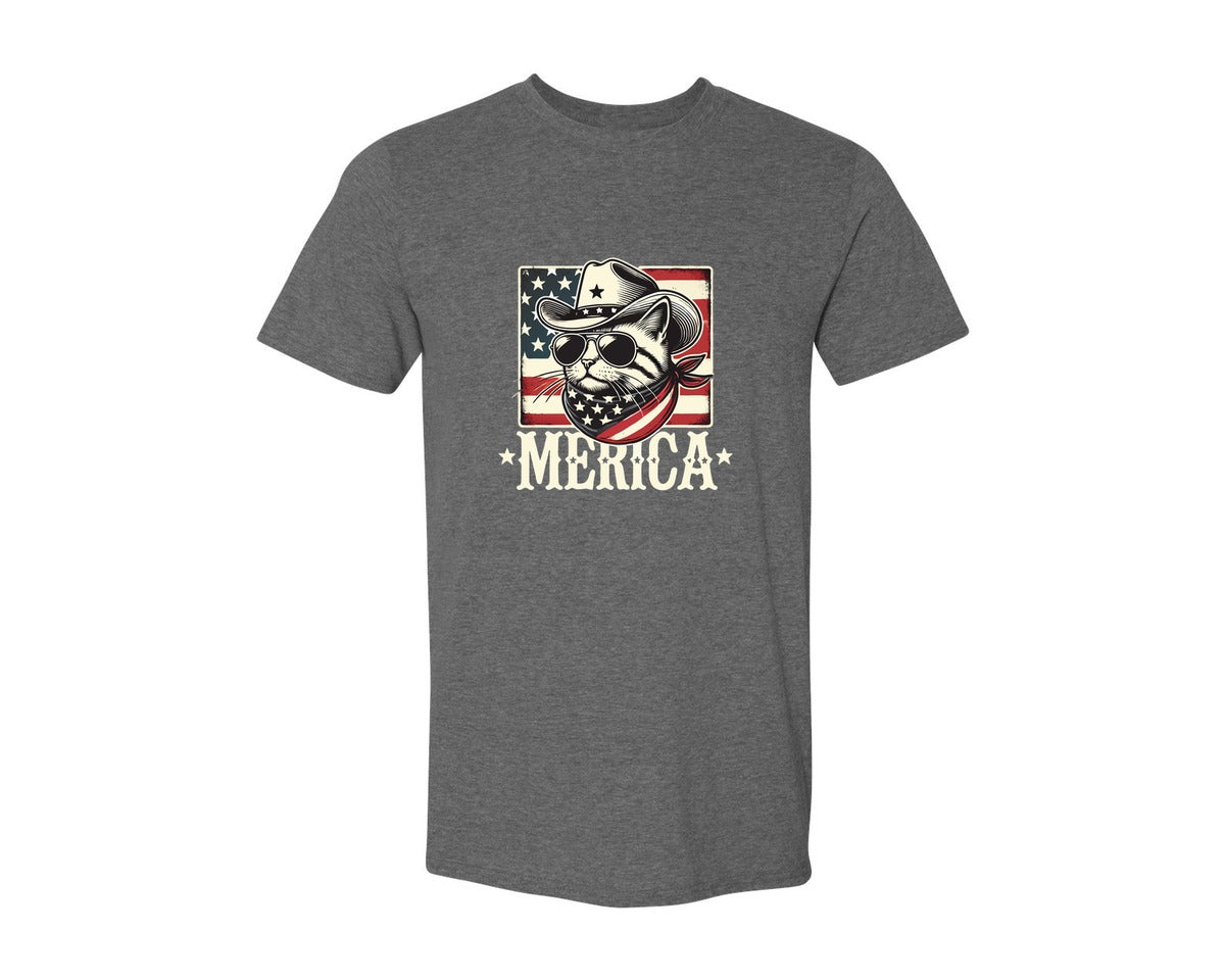 brand:Generic|color:Heather Dark Grey|Merica Cat Patriotic Cowboy Cat Graphic T-Shirt
